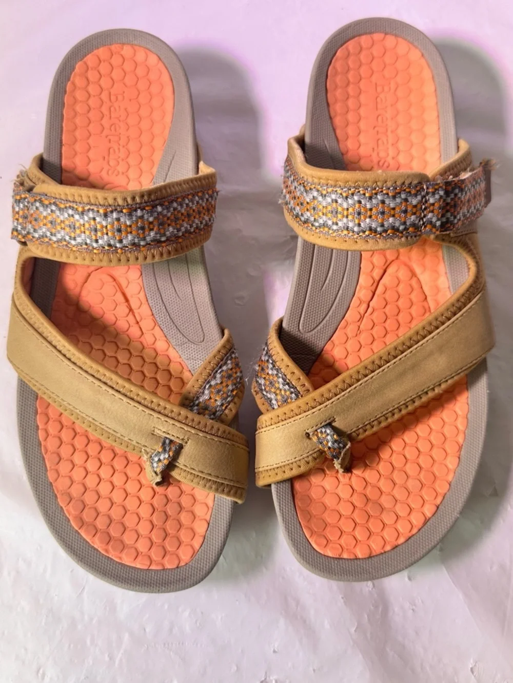 BareTraps Tan Slide Sandals with Orange Footbed and Braided Straps - Picture 3 of 8